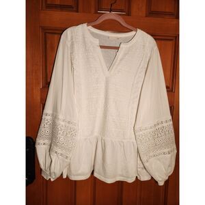 LOGO Lavish Cream Top Boho Lace Panel Peplum Long Bishop Sleeve Women's Size 2XL